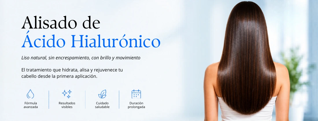 Primer plano de cabello brillante, suave y cuidado tras el tratamiento de alisado con ácido hialurónico
