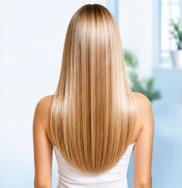 Mujer con cabello liso, brillante y suave tras alisado con ácido hialurónico en Donde Ana Peluquería, Torrejón de Ardoz